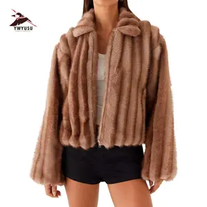 NewWomen's Short Faux Fur Jacket Solid Color Turn Down Collar Front Metal Zipper Long Sleeve Coat for Daily Outfits Can be used with a raincoat