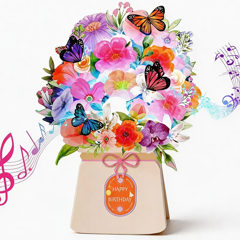 Sister-Focused 3D Pop-Up Bouquet Birthday Card with Vibrant Lights & Music, Lily & Butterfly Design, 10in Life-Sized Forever Flower Theme, Festive Gift Card for Women with Large Lined Writing Area, Classic High-Quality Envelope & Easy Mail