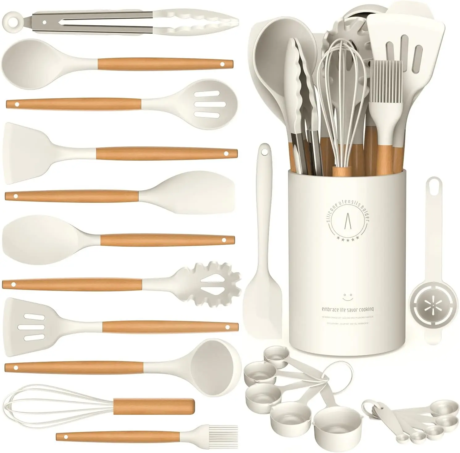 Cooking Utensils Set -  Kitchen Utensils for Cooking Wooden Handles, 446F Heat Resistant Kitchen Utensil Spatula Sets w Holder, Gadgets for Non-Stick Cookware  (Cream White)