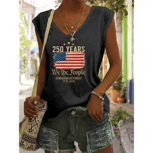 Casual American Flag Print Women's V-Neck Sleeveless Top T-shirt, Soft Drape Loose Breathable Fabric Comfortable, Simple Chic Versatile Daily, Home Commute Outing Can Wear, Elegant Lazy Temperament