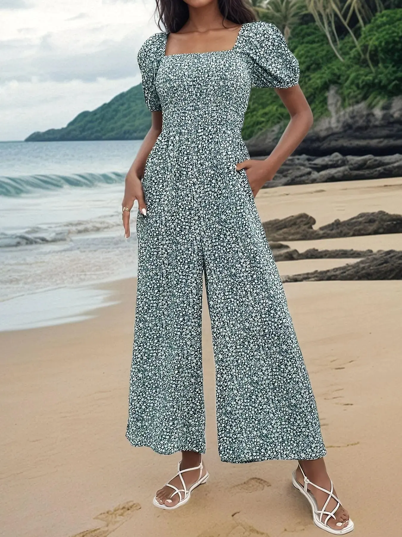 Women's Ditsy Floral Print Jumpsuit, Boho Casual Jumpsuit for Beach Vacation Holiday, Ladies Summer Clothes