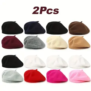 2-Pack Classic Beret Hats for Women, Nylon Blend French Style Caps, Hand Washable Breathable Headwear for Daily Use - Variety of Solid Colors