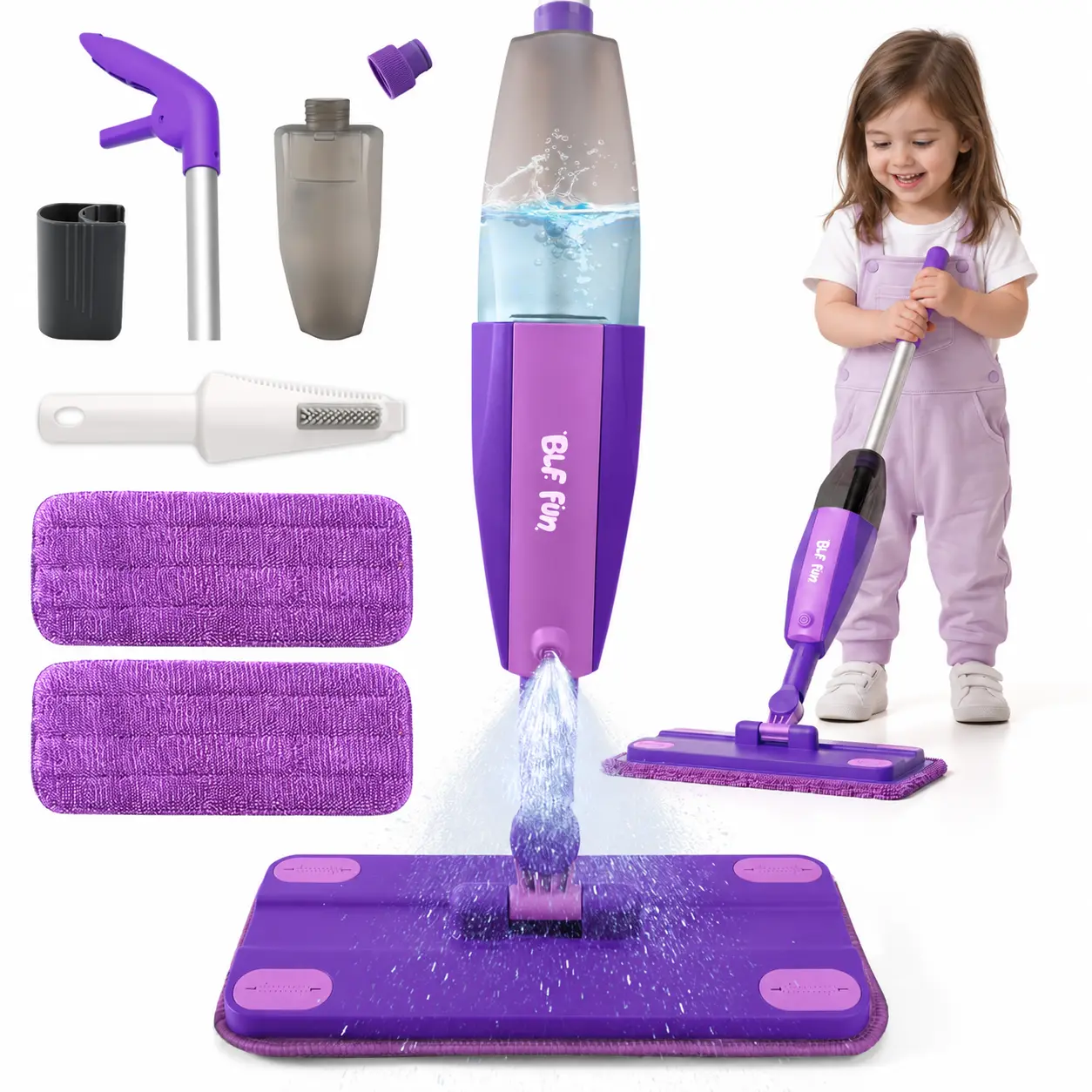 BLF Fun Spray Mop -  Cleaning Set with Real Water Sprayer - Mini Mop & Sweeper Squeeze & Spray Toy