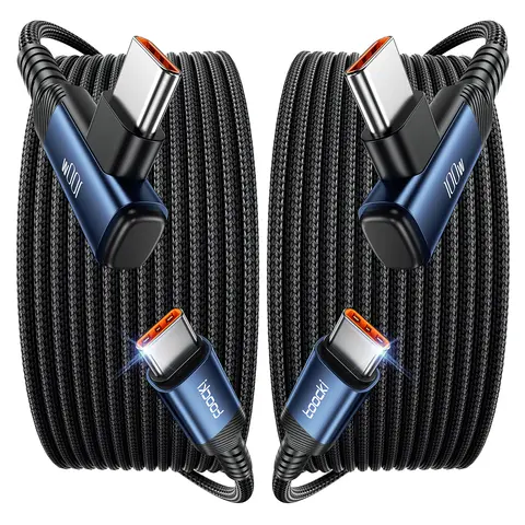 Toocki Tough 100W USB C Right Angle Charger Cable [2-Pack, 10ft] Nylon Braided USB 2.0 Connector - Cellphone, Smartphone Charge for iPhone 16/15 Max, Android Tablets, Samsung Galaxy S24/S23, Switch, MacBook Pro, Pixel