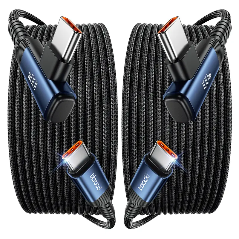Toocki Tough 100W USB C Right Angle Charger Cable [2-Pack, 10ft] Nylon Braided USB 2.0 Connector - Cellphone, Smartphone Charge for iPhone 16/15 Max, Android Tablets, Samsung Galaxy S24/S23, Switch, MacBook Pro, Pixel