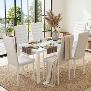 Modern 7-Piece Glass Dining Table Set for 6 People, Premium PU Leather Upholstered Chairs, Heavy-Duty Steel Frame Rectangular Kitchen Dinner Set, Space Saving Stowable Design, 2 Packages Shipping Household Furniture for Home Dining Room