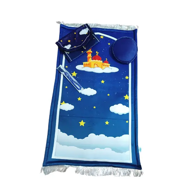 Kids Islamic Prayer Set for Boys – Blue Mosque Prayer Mat, Tasbih Beads, Quran Cover & Prayer Cap | Perfect Gift for Ramadan, Eid & Birthdays | Soft Padded Janamaz | Muslim Salah Starter Kit