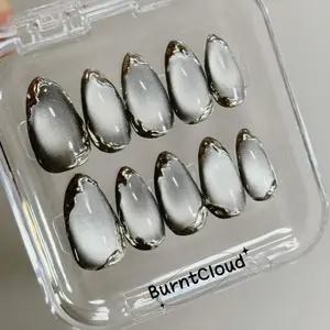Luminous Balls Press on Nails Sliver Chrome Cat Eye Dark