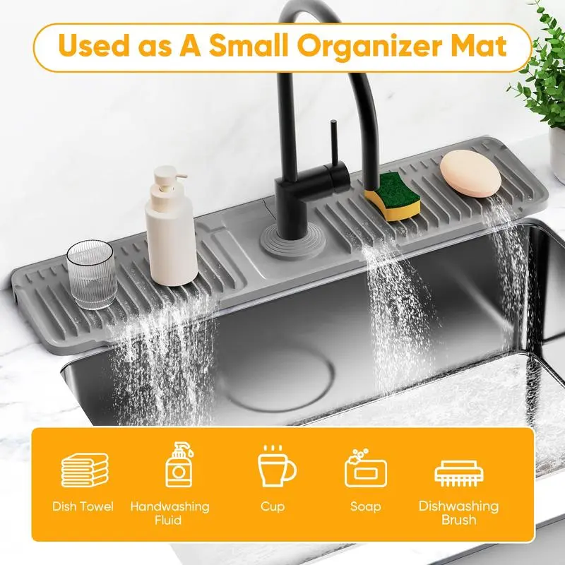 Eco-Friendly Oblong Silicone Kitchen Sink Faucet Water Splash Guard Mat - 24-in Cleaning Household Item, 7° Slope for Fast Drying, Snap Button Lock, Adjustable Hole Design, Dishwasher Safe, Household Items