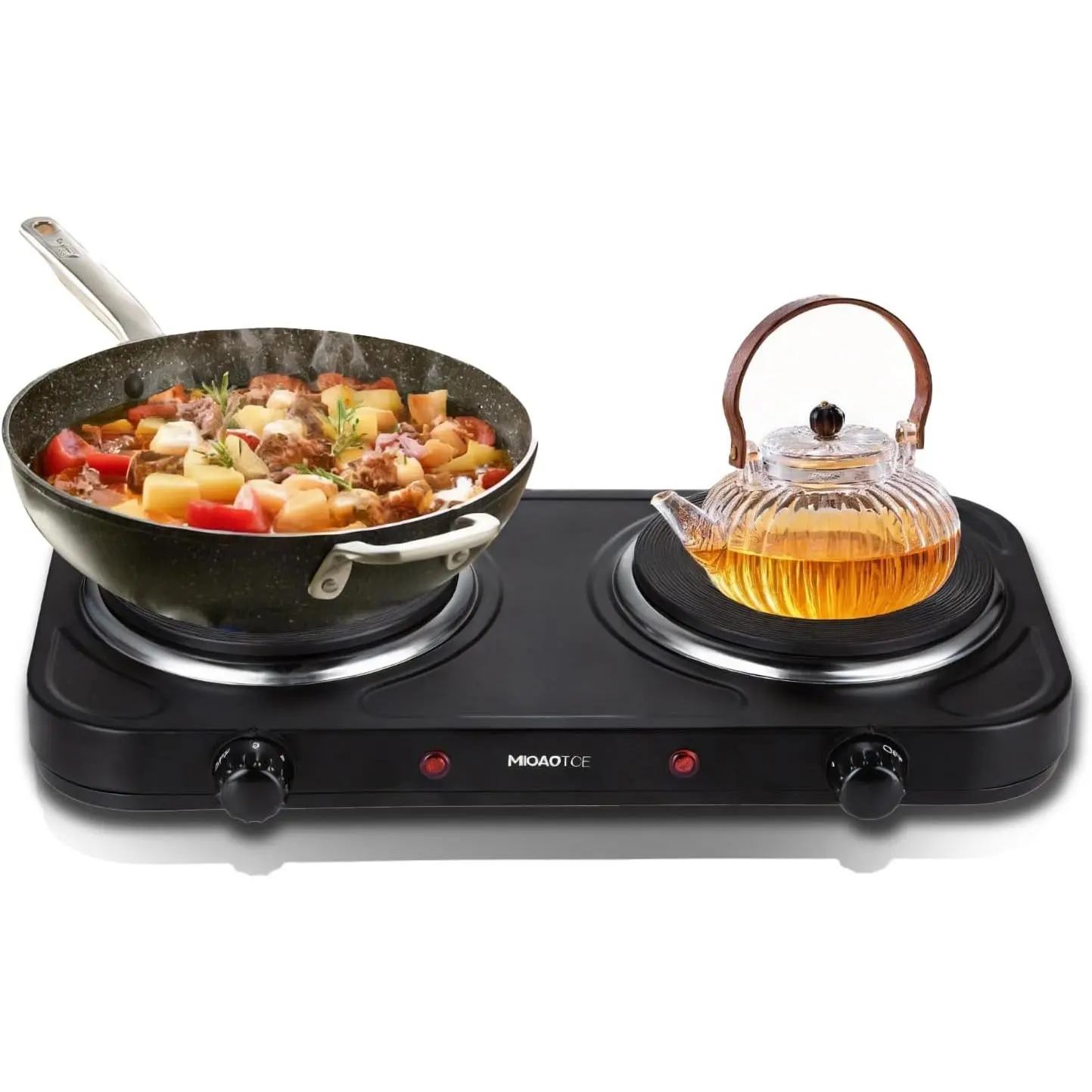 Countertop Double Cast Iron Burner 1800 Watts Electric Hot Plate with Adjustable Temperature 6.1" Cooktop for Dorm, Office, Home, Camp, Compatible for All Cookwares