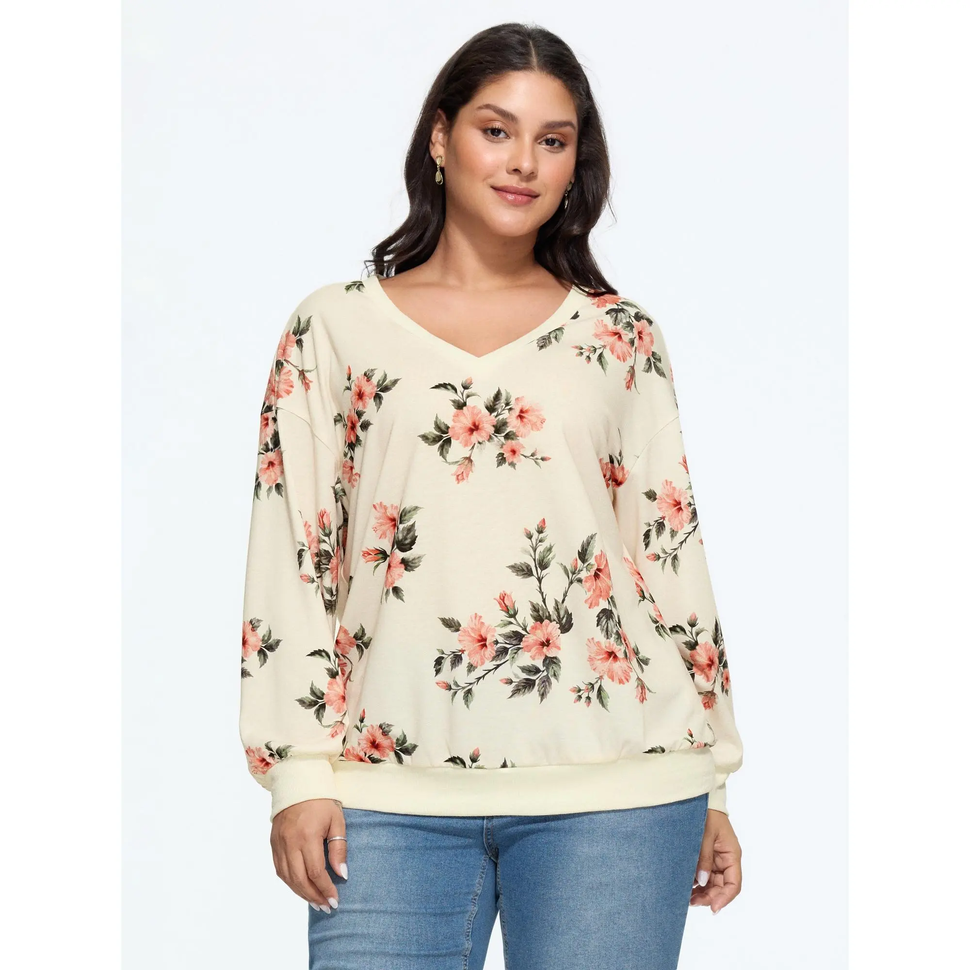 BloomChic Floral Print Drop‑Shoulder Sweatshirt 【M-6XL】