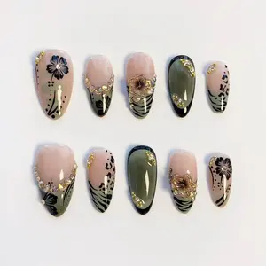 3D Clock Flower Nails, Dark Green Nails, Spring Nails