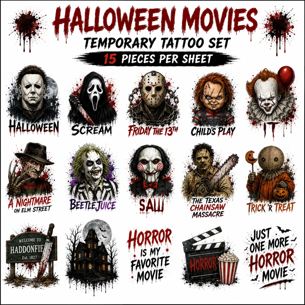 Halloween Horror Movie Temporary Tattoo Set, 15 Pieces, Scary Movie Inspired Body Stickers, Horror Character Temporary Tattoos for Adults & Teens, Halloween Party Costume Accessories