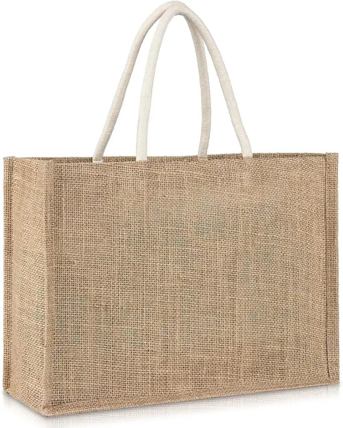 Burlap Tote Beach Bag, Medium Jute Bag with Handles | Reusable Tote for Shopping, Travel, Swim Perfect as Bridesmaid Gift, DIY Craft Bag Practical Gift Option