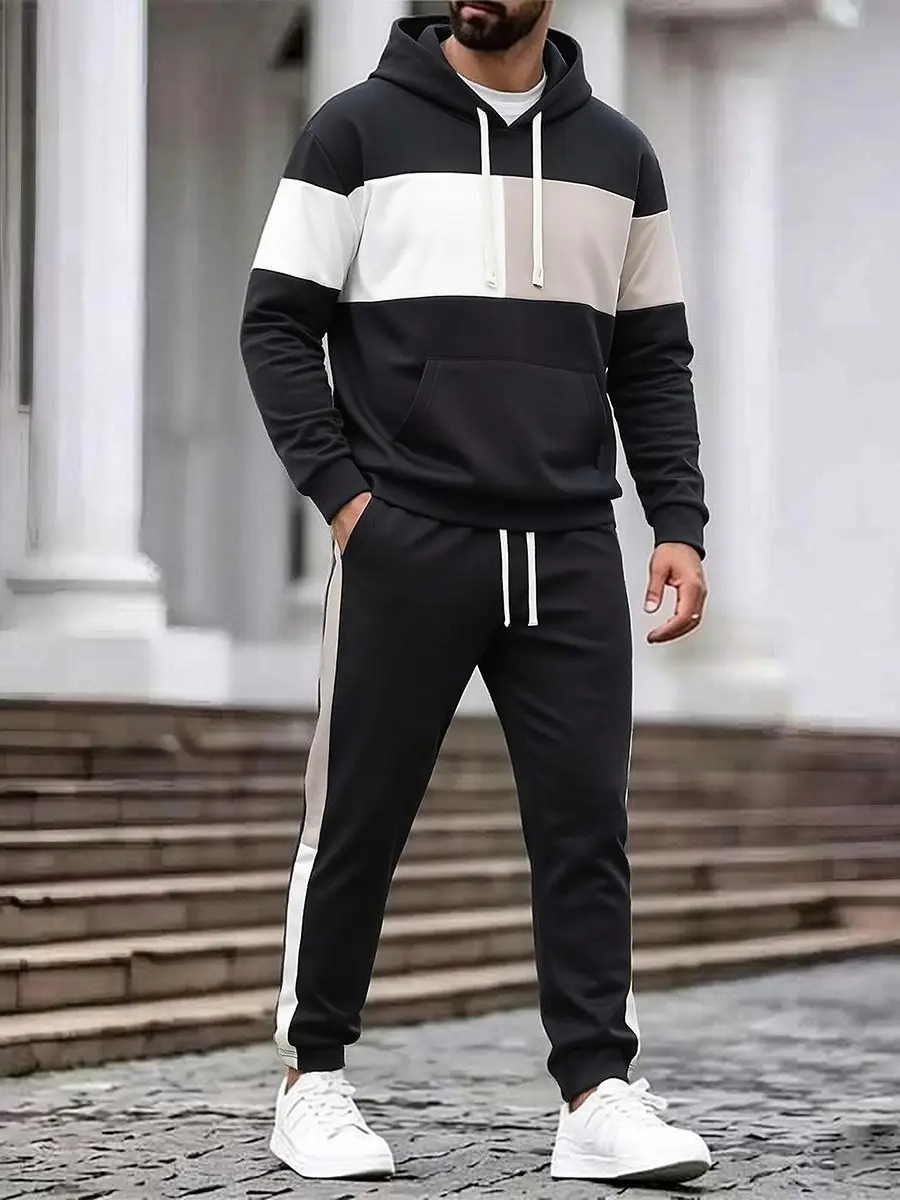 Men's 3-Tone Color Block 2-Piece Hoodie Jogger Tracksuit - Black Cream Khaki, Drawstring Hood Pullover, Soft Loose Fit Minimal Sweat Outfit for Mature Guys, Autumn Office Daily Neutral Street Wear