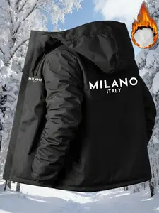 Men's Casual Fashion Thickened Jacket, Milano Print Fitted Coat, Fall & Winter Outdoor Commute, Comfortable Outing Wear, Casual Zipper Coat