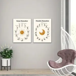 2pcs Wooden Framed Yoga Posters, Sun Moon Salutation Poses Art Canvas Prints, Gym Bedroom Reading Room Decor, Mindfulness Meditation Wall Art