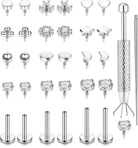 16G 18G Flat Back Stud Earrings for Women - Hypoallergenic Surgical Steel Internal Thread Stud Piercing Jewelry for Tragus Helix Cartilage Conch Nose Lip Labret Medusa Piercing