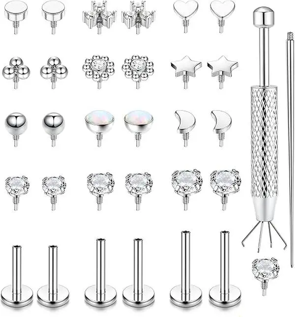 16G 18G Flat Back Stud Earrings for Women - Hypoallergenic Surgical Steel Internal Thread Stud Piercing Jewelry for Tragus Helix Cartilage Conch Nose Lip Labret Medusa Piercing