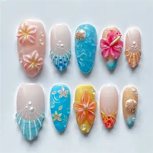 10 Pcs 3D Ocean Flower Almond Nails, Hibiscus Shell Design with Pearl and Drop Decor, Glossy Reusable False Nails, Y2K Style, Comfortable Fit