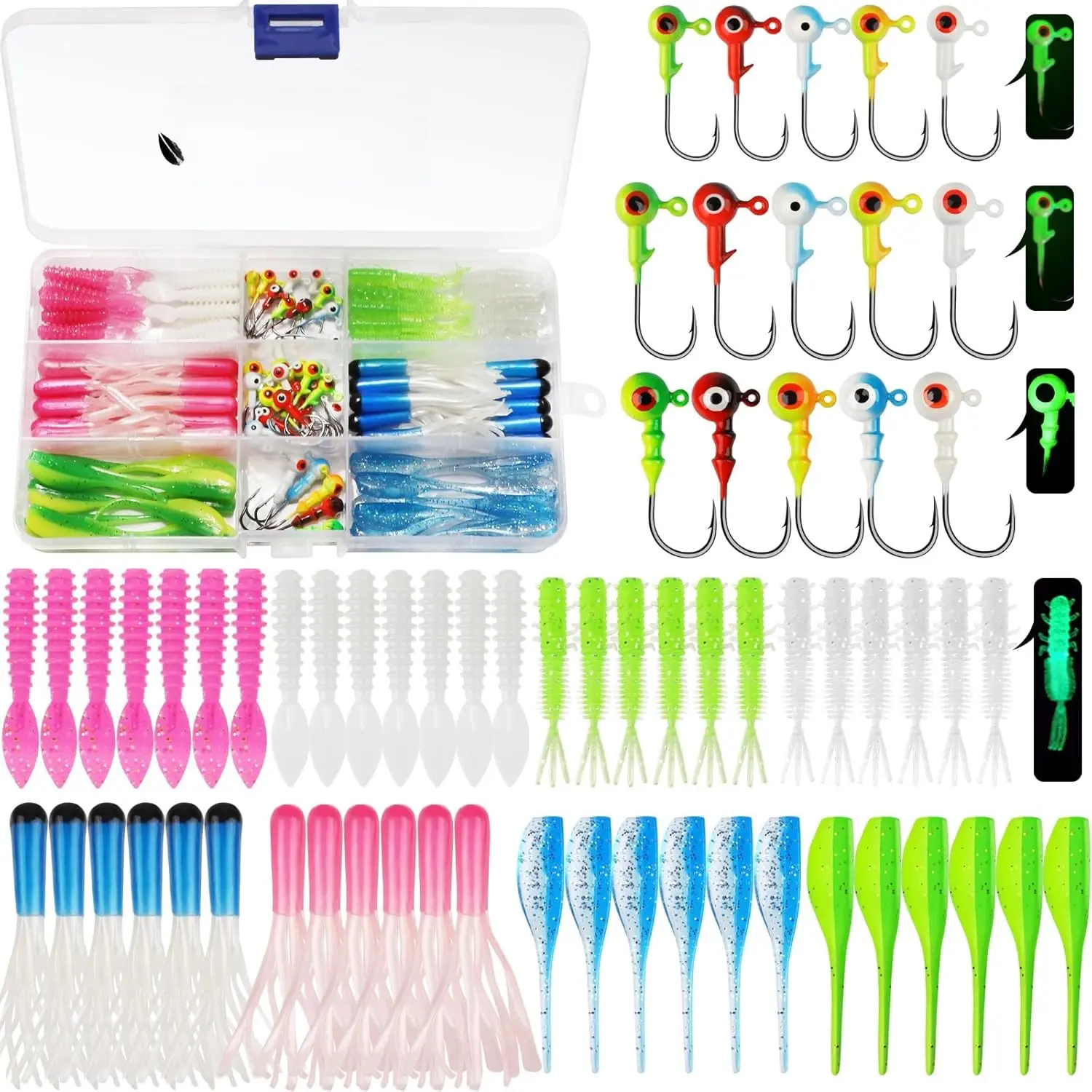 105pcs Small Crappie Lures Kit - Outdoor Fishing Lures with Jig Heads, Hooks, Soft Plastic Grubs, Tubes, 80pcs in 1/8, 1/16, 1/32 oz & 30pcs Crappie Jigs for Saltwater, Freshwater Fishing, -105Pcs-Crappie Lures(Small)
