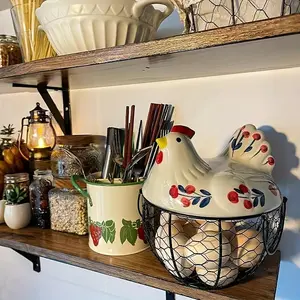Farmhouse Style Ceramic Chicken Egg Basket with Metal Wire and Lid – Rustic Kitchen Storage Organizer for Eggs, Fruits, Vegetables. Holds 12 Eggs, Durable Plastic Rack for Fridge, Counter, Cabinet.