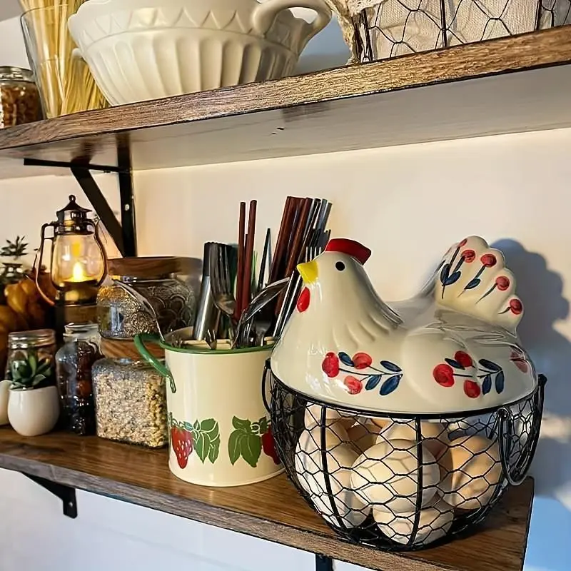 Farmhouse Style Ceramic Chicken Egg Basket with Metal Wire and Lid – Rustic Kitchen Storage Organizer for Eggs, Fruits, Vegetables. Holds 12 Eggs, Durable Plastic Rack for Fridge, Counter, Cabinet.