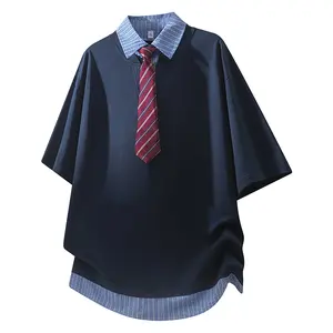 New summer men’s T-shirt with a faux two-piece collar design, preppy short-sleeve striped patchwork collared top, versatile trendy men’s short-sleeve shirt #SummerVibes