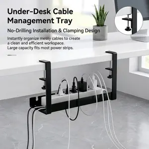 Clamp-On Under-Desk Cable Management Tray, Tool-Free No-Drill Heavy Duty Wire Organizer, Sturdy Metal Cable Holder for Neat Workspace, Home Office & Desk Organization