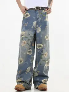 Men's Floral Print Straight Leg Denim-effect Print Pants, Loose Street Fashion Casual Pocket Denim-effect Print Pants for Daily Wear, Menswear, Men's Bottoms for All Seasons, Relaxed Pants for Men, Streetwear