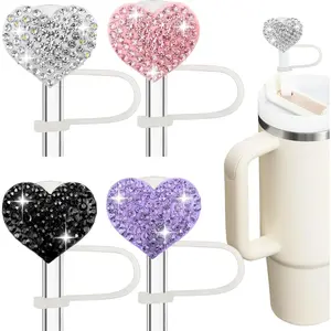 Bling Heart Straw Covers for Stanley Cup - 4Pack Rhinestone Diamond Valentines Day Straw Toppers, Sparkle Stanley Cup Accessories, Glitter Silver Pink Black Purple Valentines Basket Stuffers