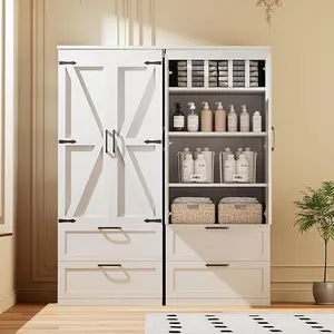 71" Farmhouse Pantry Cabinet, Barn Door with Drawers & Adjustable Shelves, Storage for Kitchen, Laundry & Office, Freestanding