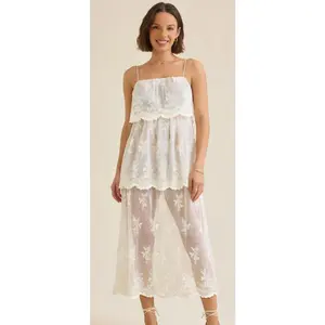 Women's Ivory White Polyester Fabric Halter Sundress - Breathable, Embroidered, Multi-Layered, 1-Piece Casual Going Out Dress with S-M-L-XL Fit Options