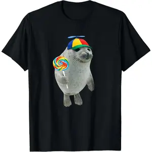 100 Percent Cotton Silly Seal with Lollipop Meme T-Shirt