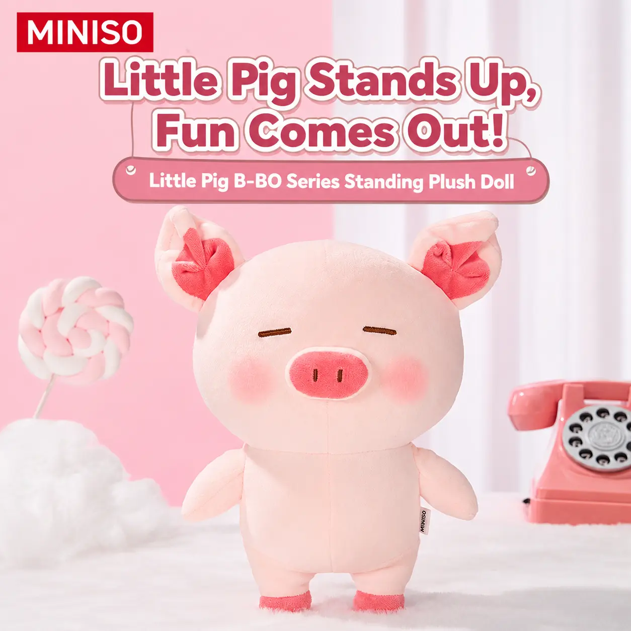 MINISO B-BO Series Cute Standing Pig Plush Doll - Unisex Standing Figure, Soft Cuddly Gift, Cute Stuffed Animals, Polyester Fill, Huggable Collectible, Pinch Texture, Emotional Care Toy, Birthday/Back to School Item for Ages 12+