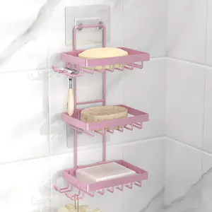 3 Tier Pink Soap Dish Holder for Shower Wall, No Drilling, 304 Stainless, Soap Bar with 4 and Razor Holder for Shower, Shampoo Bar Holder for Girly Accessory