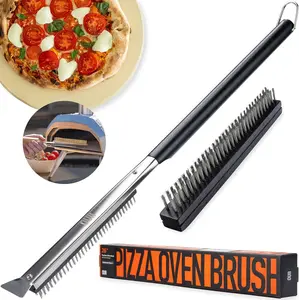 OUII 26'' Pizza Oven Brush with Stone Scraper - Includes 2 Brush Heads, Heat-Resistant Silver Stainless Steel Bristles - Long Grip Handle, Compatible with Ooni, Gozney, Blackstone, Solo Stove Ovens Heavy Duty Handy Wooden Utensils