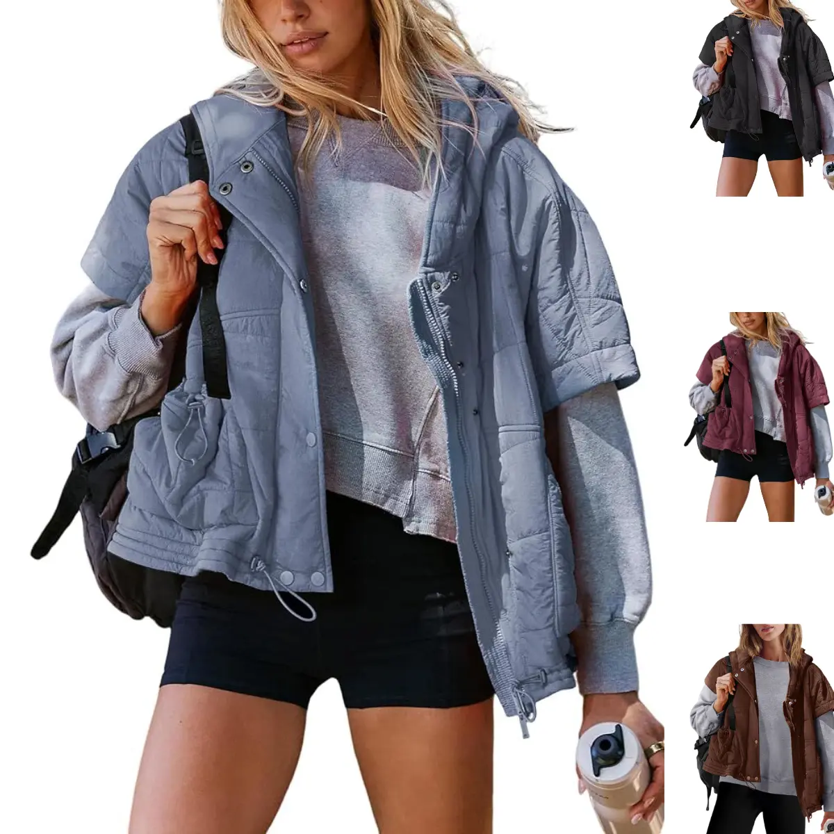SCUSTY Women’s Oversized Hooded Puffer Jacket Vest Lightweight Quilted Short Sleeve Outerwear Drawstring Hem Loose Warm Winter Casual Coat for Daily Outdoor