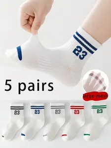 5 Pairs Kids' Number Stripe Mid-Calf Socks, Casual Daily Wear for Students, Simple Design, All-Season Comfort