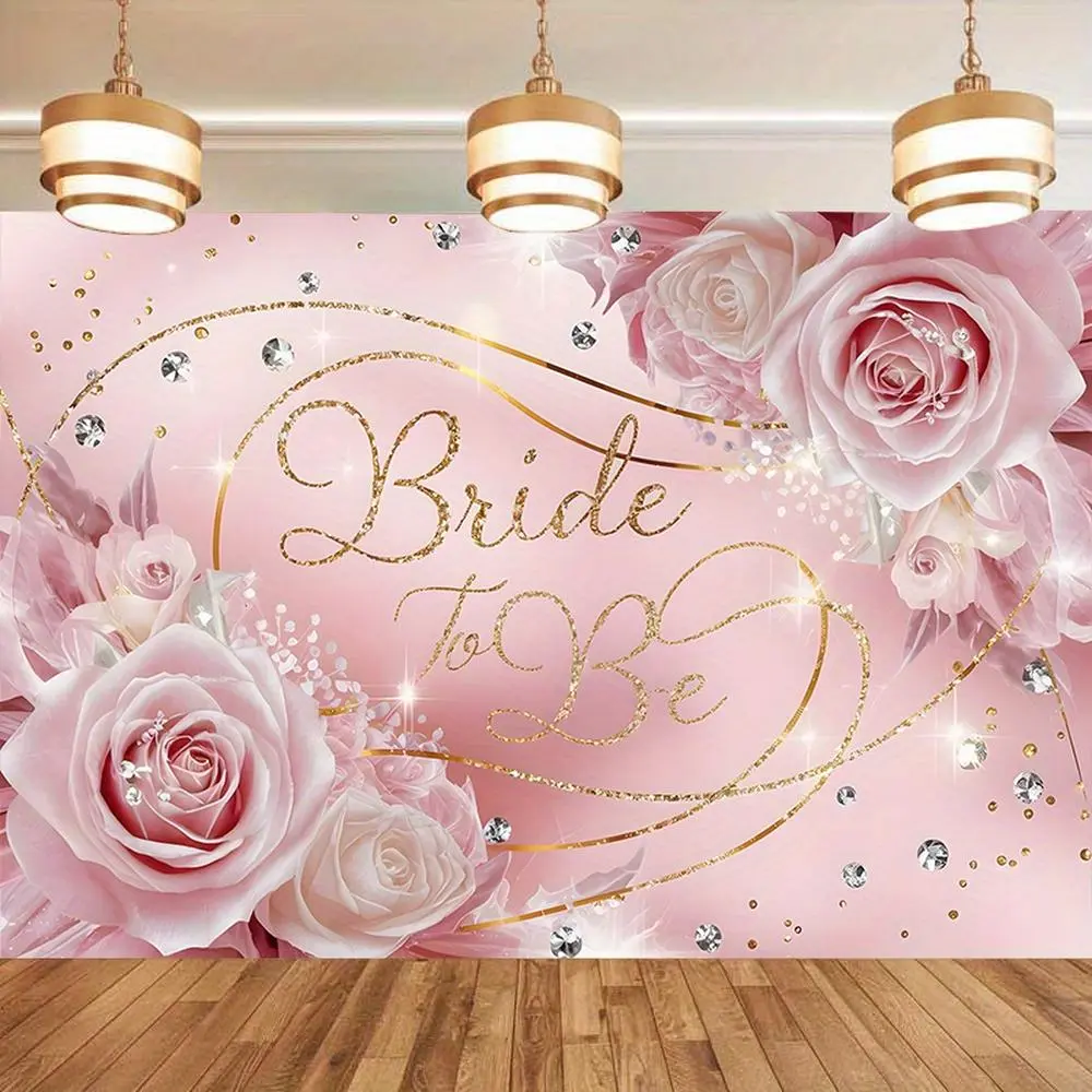 1PC Polyester 2D Flat Pink Rose Flowers Backdrop - Gold Glitter Diamonds Floral Curtain, Romantic Bride-to-Be Party Decoration, Photography Prop for Bridal Shower Banners