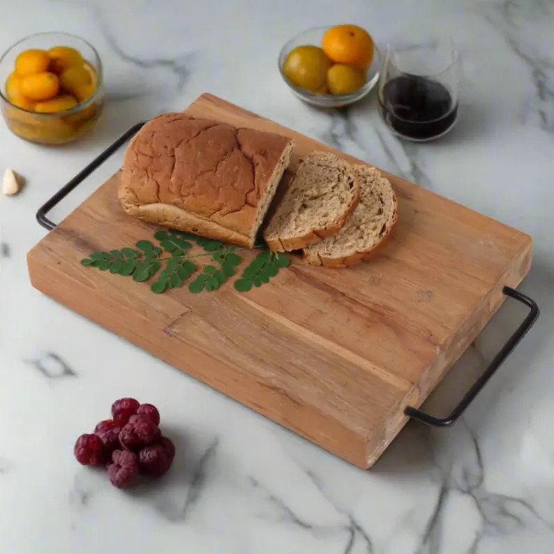Reclaimed Teak Wood Cutting Board: Iron Handle Charcuterie Serving Tray