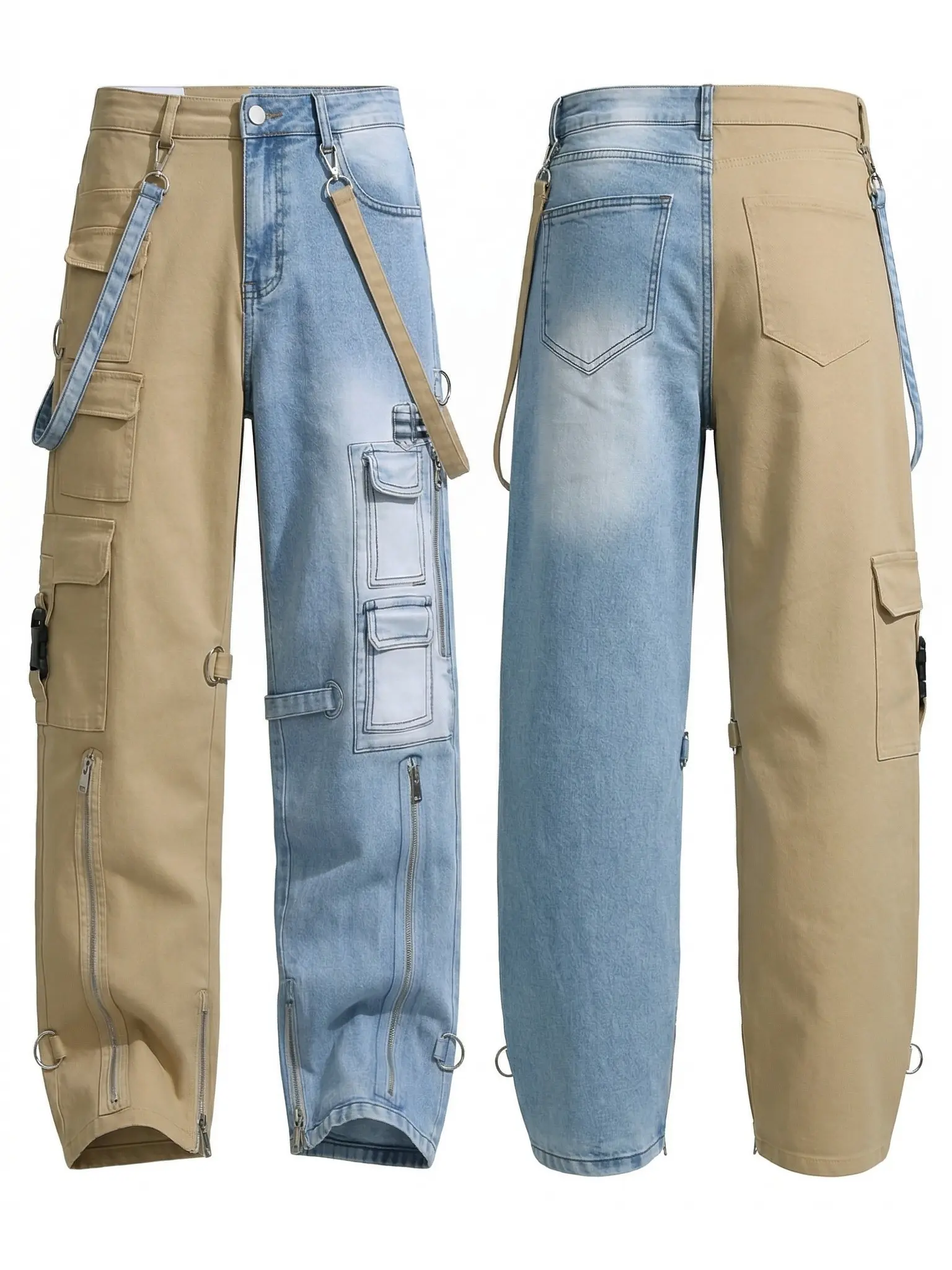 Men's Straight Leg Loose Fit Workwear Jeans Contrast Zipper Non Stretch Denim Pants Multi Functional Cargo  Pockets Casual Streetwear Daily Wear Trousers Menswear, Denim Men's Jeans, Comfortable Men's Jeans Beige