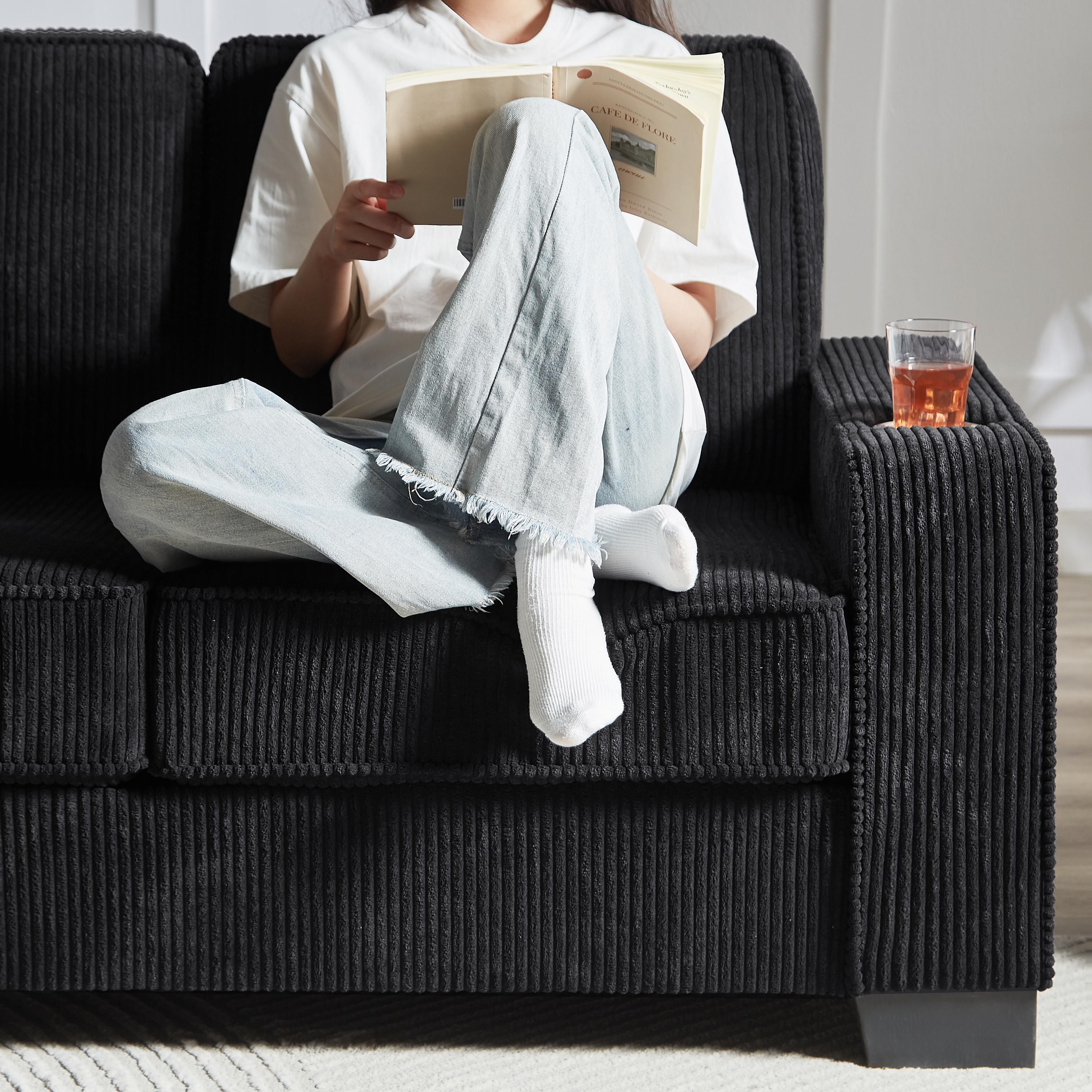 Niccae Modern 3-Seater Compressed Couch Corduroy Fabric Sofa with Built-In Cup Holders & High-Density Sponge for Living Room Bedroom Office Niccae Modern 3-Seater Compressed Couch Corduroy Fabric Sofa with Built-In Cup Holders & High-Density Sponge for Living Room Bedroom Office