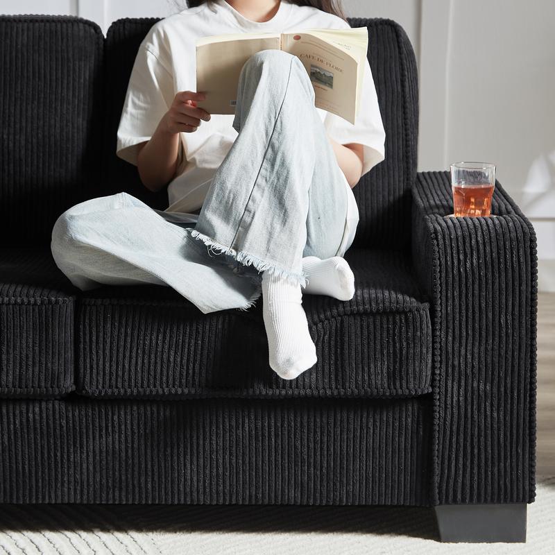 Niccae Modern 3-Seater Compressed Couch Corduroy Fabric Sofa with Built-In Cup Holders & High-Density Sponge for Living Room Bedroom Office