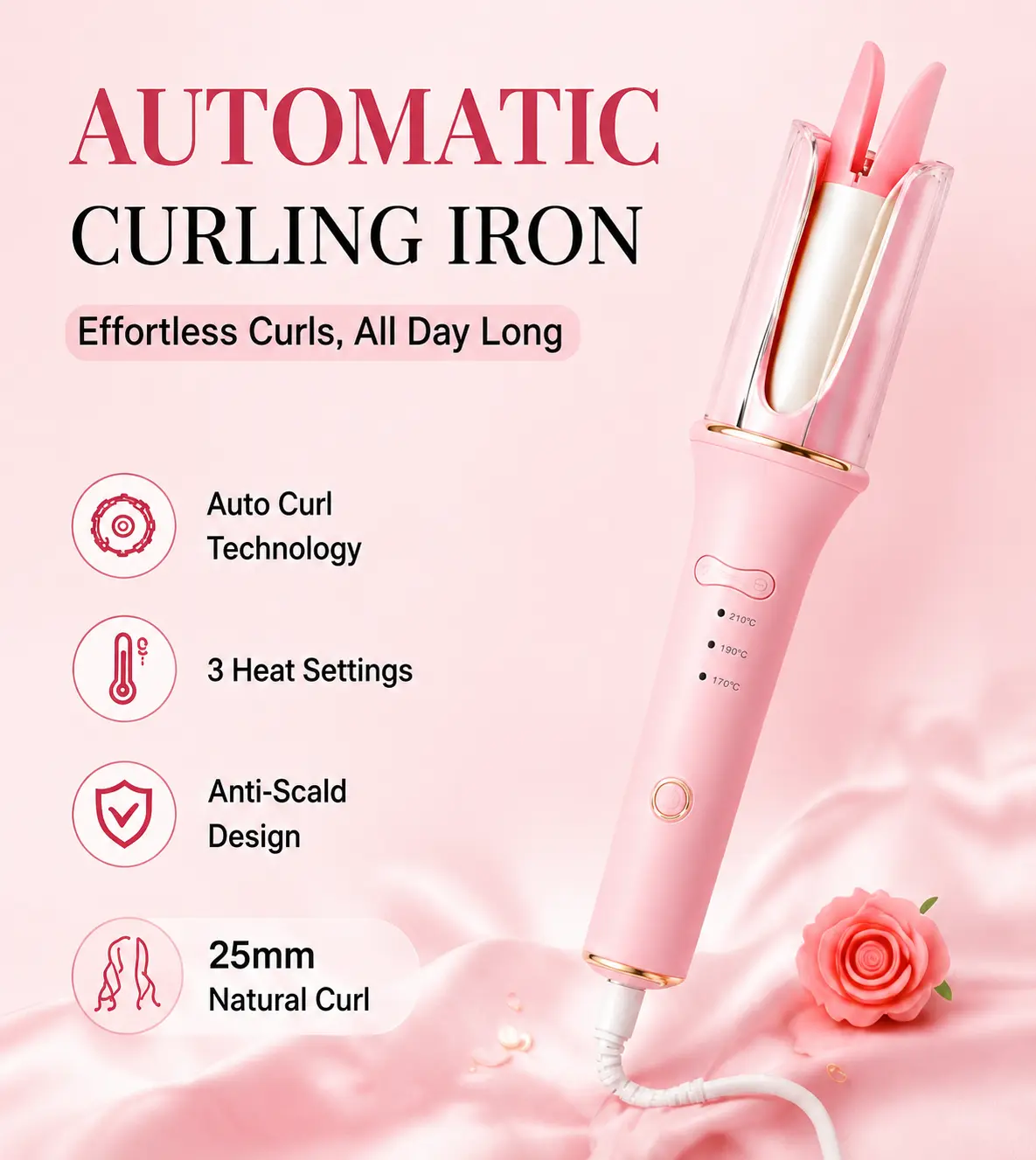Automatic Curling Iron for Women, Auto Hair Curler with 25mm Barrel, 3 Heat Settings, Anti-Scald Design, 360° Swivel Cord, Easy Hair Styling Tool for Long-Lasting Curls