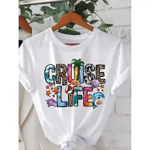 Women "Cruise Life" Summer Vibe Letter Print Short Sleeve Crew Neck T-Shirt