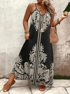Fashion Elegant Bohemian Ethnic Print Plus Size Backless Spaghetti Strap Dress, Womenswear Women's Summer Casual Boho Elegant Loose Fit Maxi Dresses, Comfortable Daily Wear