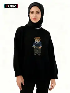 Unisex Cartoon Bear Print Crew Neck Sweater, Casual Loose Long Sleeve Jumper for Fall & Winter, Fashion Ladies' Knitwear for Daily Wear