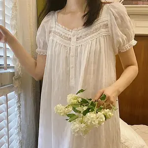 Pure Cotton Victorian Night Dress Women White Short Sleeve Long Robe  Romantic Vintage Nightgowns Princess Sleepwear