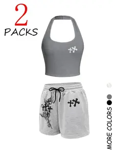 Women's Sexy Sleeveless Halter Top & Straight Leg Shorts Set, Womenswear, Fashion Print, Adjustable Drawstring, Casual for Outdoor, Shopping, Party